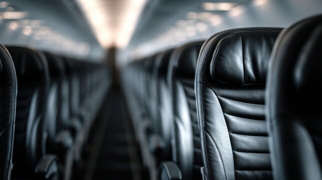 Empty seats are visible in the cabin of an airplane. The interior is designed with black leather chairs arranged in rows. Light comes from above, adding brightness to the space - Powered by Adobe