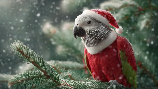 Colorful parrot in festive Santa hat perched on pine branch, its snowing, camera zooms in on details
