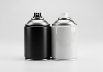Black and white spray paint cans standing side by side on clean light background
