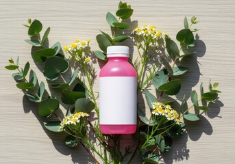 Pink plastic bottle with blank white label surrounded by green eucalyptus leaves and small yellow flowers on light wood surface
