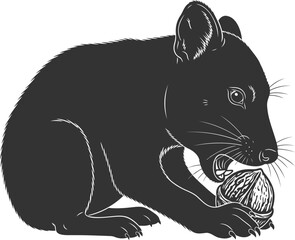 Black silhouette of a small animal cracking a walnut illustration