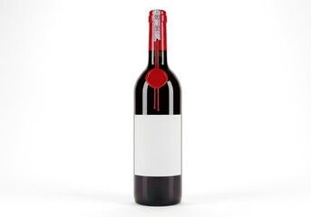 Dark glass red wine bottle with blank white label and red foil seal on clean white background
