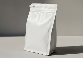 White stand-up pouch with zip-lock seal in natural sunlight on neutral background
