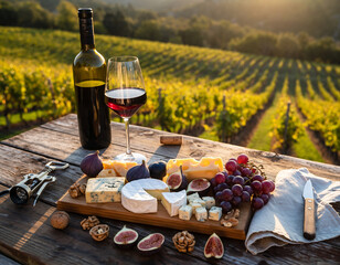Red Wine Bottle and Cheese Board on Rustic Table with Vineyard View at Sunset