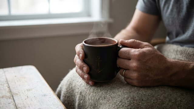 Warm morning light on a steaming cup held in cozy hands, perfect quiet moment of comfort and slow living at home. - Powered by Adobe