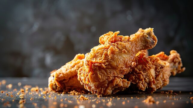 Crispy fried chicken drumsticks on rustic dark surface with golden breading and seasoning