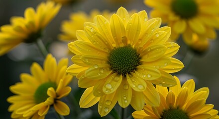 Close-up of vibrant yellow chrysanthemums with water droplets.