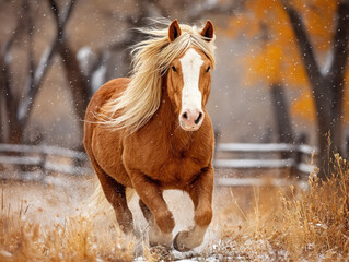 horse running through snow