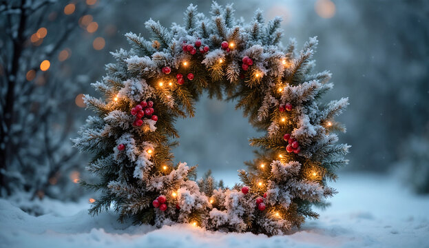 A festive Christmas wreath decorated with red berries and lights in a snowy landscape