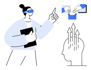 Technology concept. Technology include virtual reality innovation, cryptocurrency transfer ation, and growth strategies. Technology driving advancement, finance, education, and innovation concepts