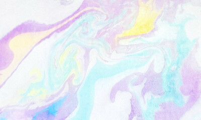 Watercolor liquid stains on white paper, lilac, yellow and blue colors, hand painted watercolor or acrylic background.
