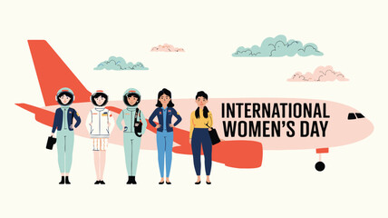 Fototapeta premium Diverse women in professional roles stand in front of an airplane celebrating international women s day