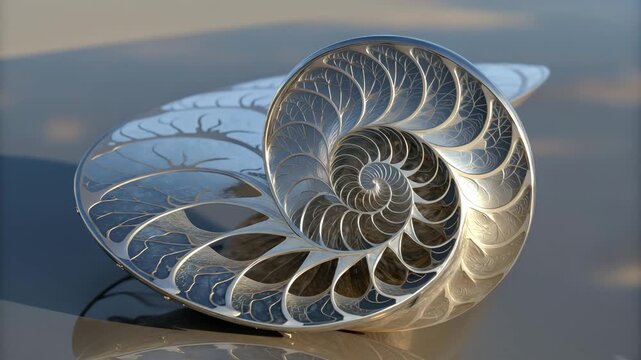 Nautilus shell cross-section revealing its perfect logarithmic spiral and intricate chambered structure.