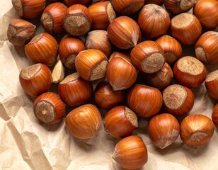 Pile of fresh hazelnuts on crumpled paper, delicious snack for energy supply