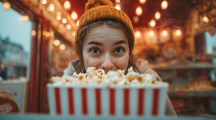A girl leans over a big bowl of popcorn in front of a fair stall. She shows excitement with her eyes wide open. Bright lights surround the scene in the evening