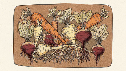 Organic Hand-Drawn Vegetables Sketch with Grainy Ink Lines and Warm Tones