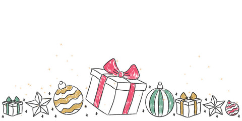 Hand-drawn, Festive doodle gift box with a red bow, flanked by smaller gifts, striped ornaments, and stars, all with a subtle, sparkling effect on a white background.Christmas, crayon doodle.