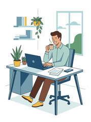 Fototapeta premium A man is working at a desk with a laptop, holding a coffee cup in an indoor office setting.