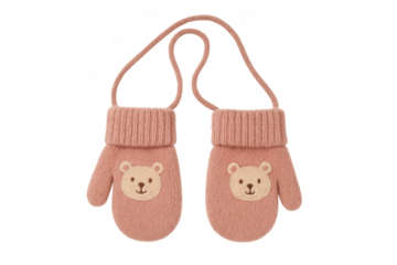 Pink knitted children's mittens with teddy bear design, keeping hands warm in winter, transparent background