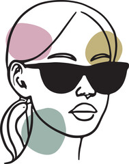 Minimalist line art illustration of a woman with sunglasses and abstract color elements