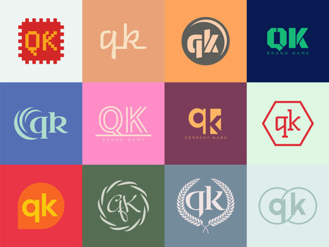 QK logo company template. Letter q and k logotype. Set different classic serif lettering and modern bold text with design elements. Initial font typography.