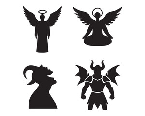 angel symmetrical wings, guardian angel kneeling prayer, angle with dove, horned demon large bat wings, tails, wingless demon, roaring demon Silhouette vector design illustration collection set