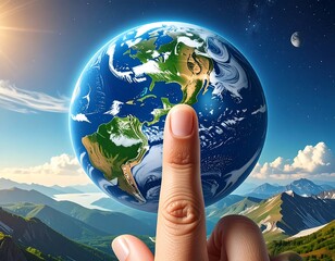 Finger touches Earth in a vast landscape. Blue planet. Bright sun. Mountains. Clear sky. Moon. Dreamlike quality