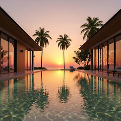 석양 노을을 마주한 어느 고급 풀빌라 맨션의 정경