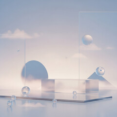 투명한 글라스 제의 도형들이 자리잡고 구도를 이루고 있는 그림