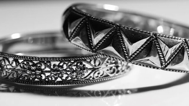 Closeup of two ornate silver bangles with detailed metalwork