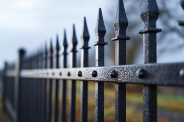 Close-up view highlights sleek black metal fence panels with sharp posts, visible bolts, and a textured finish, perfect for adding elegance to any outdoor space