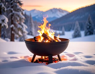 Fire pit in snowy winter landscape, with mountains and snow-covered trees at sunset. Warm and cozy scene