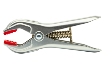 Silver metal spring clamp with red rubber protective jaw tips on isolated background