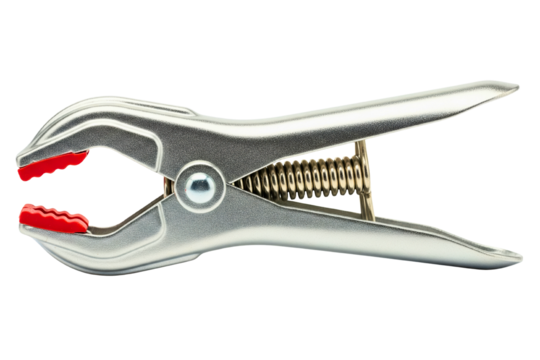 Silver metal spring clamp with red rubber protective jaw tips on isolated background
