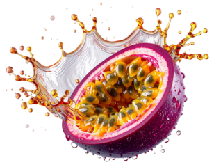Angled Passion Fruit Half with Dynamic Tropical Splash, 3D Render, Isolated PNG (2)