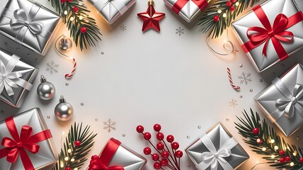 Elegant Christmas Holiday Gifts Decorations and Garland Flat Lay Arrangement