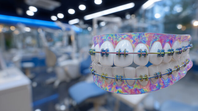 Detailed dental model with rainbow-colored metal braces, high-resolution focus on tooth texture, bracket placement, and archwire tension, set against a modern orthodontic clinic ba