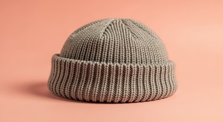 A simple, ribbed grey beanie hat sits on a soft peach-colored background, highlighting its texture and knitted material.