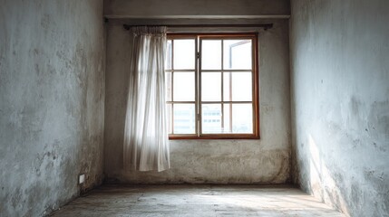 Obraz premium Dilapidated room interior features an open window with sheer curtain