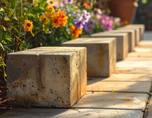 Pathway of concrete cubes and flower garden creates a peaceful garden scene