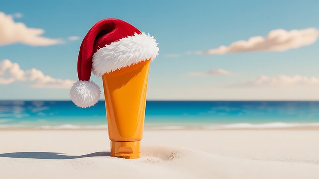 Festive Christmas holiday skincare protection on tropical beach background scene