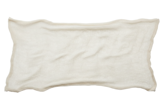 Rectangular piece of loose-weave white cotton cheesecloth fabric on isolated background