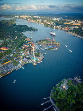 Aerial View Over Stockholm City at Golden Hour Summer Sunset