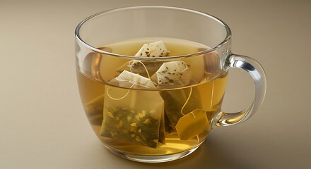 Hot Tea Brewing in a Glass Mug with Tea Bags.