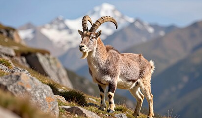 Mountain goat stands majestically on rocky terrain with snow-capped peaks in the background