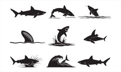 Silhouettes of sea animal shark in simple vector illustration.