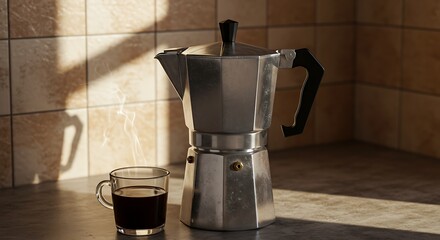 Italian Moka Pot Coffee Maker with Espresso Cup on Kitchen Counter.