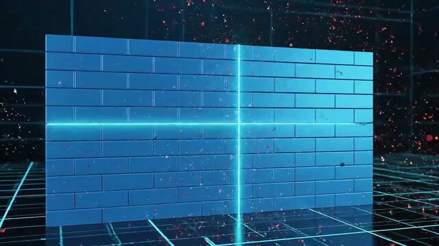 Firewall protection animation showing digital brick wall destruction, ideal for technology, cybersecurity, digital security concepts in videos, presentations.