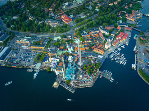 Aerial View Over Stockholm City at Golden Hour Summer Sunset