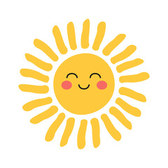 Fototapeta premium Sun with happy face. Bright smiling yellow sun with pink cheeks. Cheerful design for kids, summer or beach party, weather, baby shower, nursery. Flat vector illustration isolated